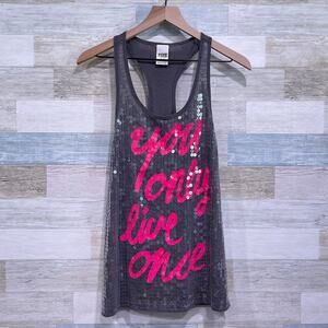 PINK Victorias Secret You Only Live Once Sequin Racerback Tank Gray Womens Small